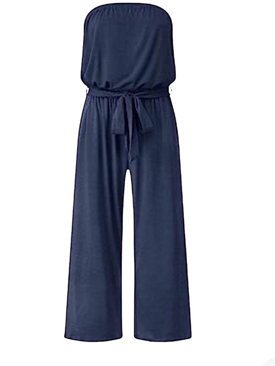 Zesica Pants - ZESICA Women’s Off Shoulder Navy Strapless Belted Wide Leg Jumpsuit Romper